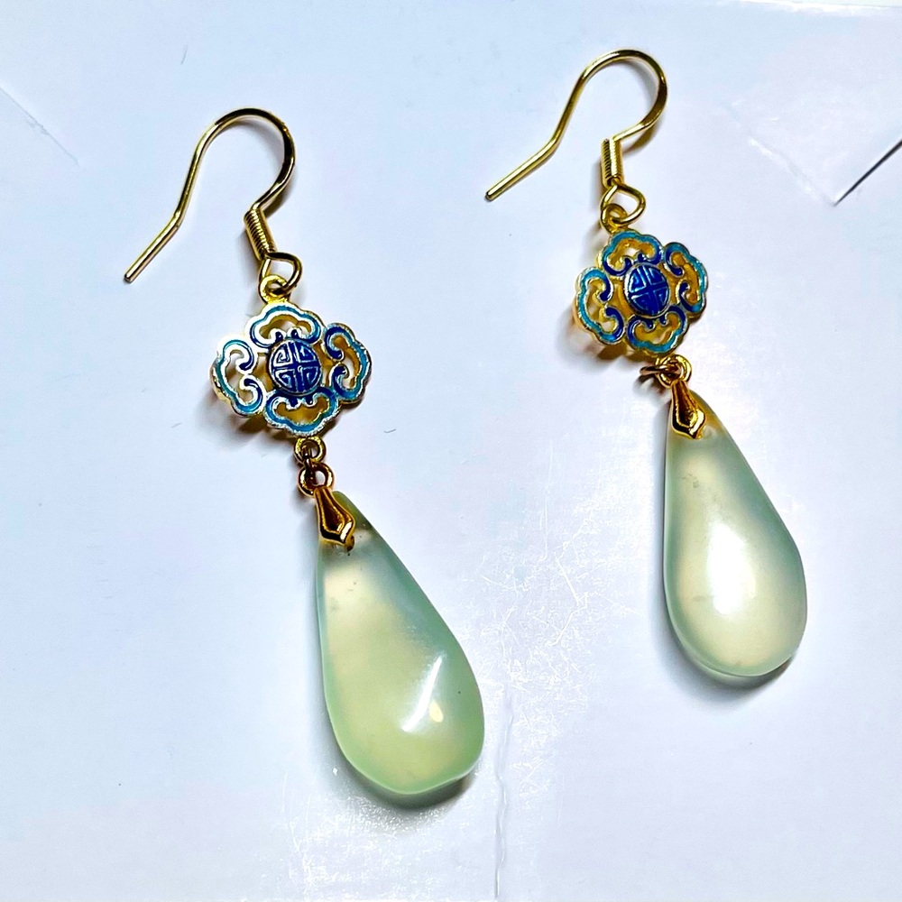 Chinese Style Earrings for Women, Blue Glass Stone and Gold Metal Earwire